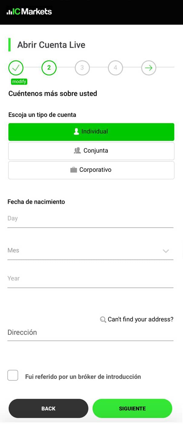Comentarios de la apertura de cuenta con IC Markets Paso 2