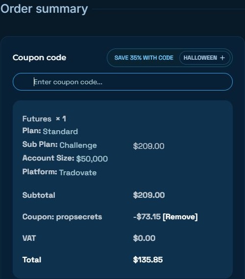 PROPSECRETS coupon verified on Blue Guardian Standard Futures 50K