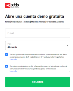 Proceso de apertura de cuenta demo en XTB - Paso 1