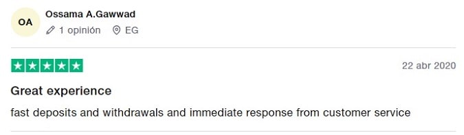Comentario positivo depósitos y retiros con Exness