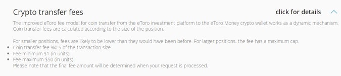 Commision for transfer cryptos in eToro online platform