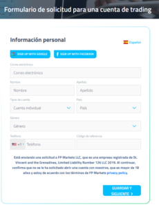 Formulario de apertura de cuenta en FP Markets - Paso 1