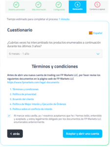 Formulario de apertura de cuenta en FP Markets - Paso 4