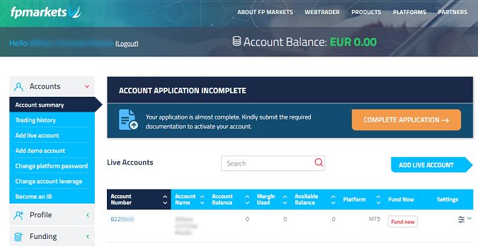 FP Markets account successfully created