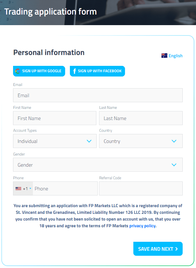 FP Markets Account Opening Form - Step 1