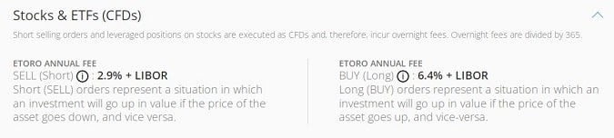 Overnight Cost of Stocks in eToro broker