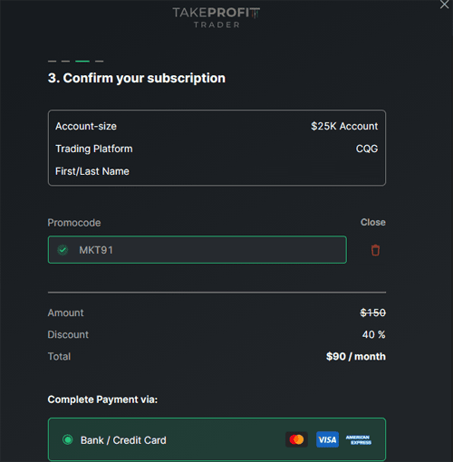 Take Profit Trader Promo Code MKT91 Applied