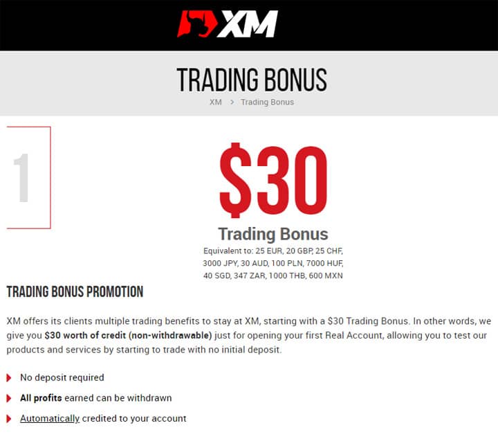 $30 no deposit bonus on XM Broker