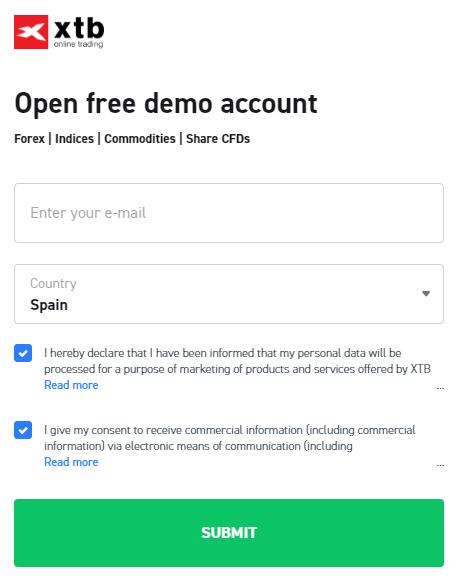 Opening an account with XTB Step 1