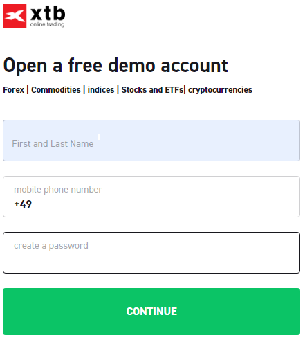 Opening an account with XTB Step 2